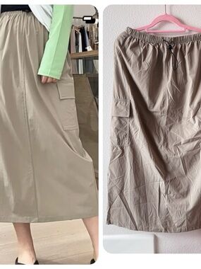Women’s Beige Cargo Midi Skirt with Elastic Waist